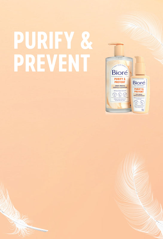 Die Bioré Purify & Prevent Linie für sensible, zu Akne neigende Haut: Produktfotos auf hellem orangem Hintergrund mit Federn.
