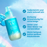 Die Vorteile von Bioré Aqua Rich UV: Es zieht schnell ein, es bietet eine einfache Anwendung für unterwegs, es ist unter und über Make-up verwendbar und es hinterlässt keine weißen Rückstände.