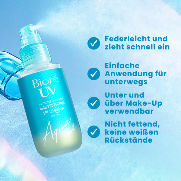Die Vorteile von Bioré Aqua Rich UV: Es zieht schnell ein, es bietet eine einfache Anwendung für unterwegs, es ist unter und über Make-up verwendbar und es hinterlässt keine weißen Rückstände.