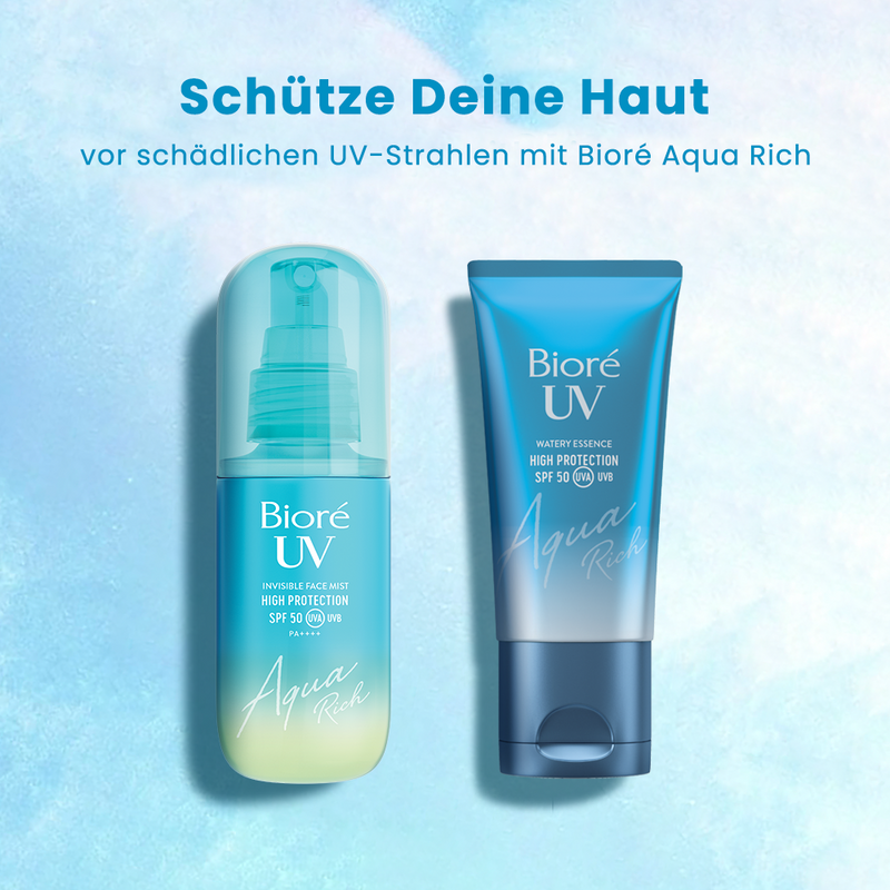 Bioré Aqua Rich UV ist das federleichte Feuchtigkeitsfluid mit Sonnenschutz. Es bietet Lichtschutzfaktor 50 UVA & UVB, ist leicht zu verteilen und zieht sofort ein.