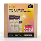 John Frieda Go Blonder Vorteils-Set für ein sonnengeküsstes Blond – bestehend aus Shampoo, Conditioner, Aufhellungsspray und MegRhythm Augenmaske. Produktvorderseite mit Produktbildern.