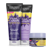 John Frieda Violet Crush Vorteils-Set für blondes Haar – bestehend aus Shampoo, Conditioner und Silver Maske. Produktvorderseiten.
