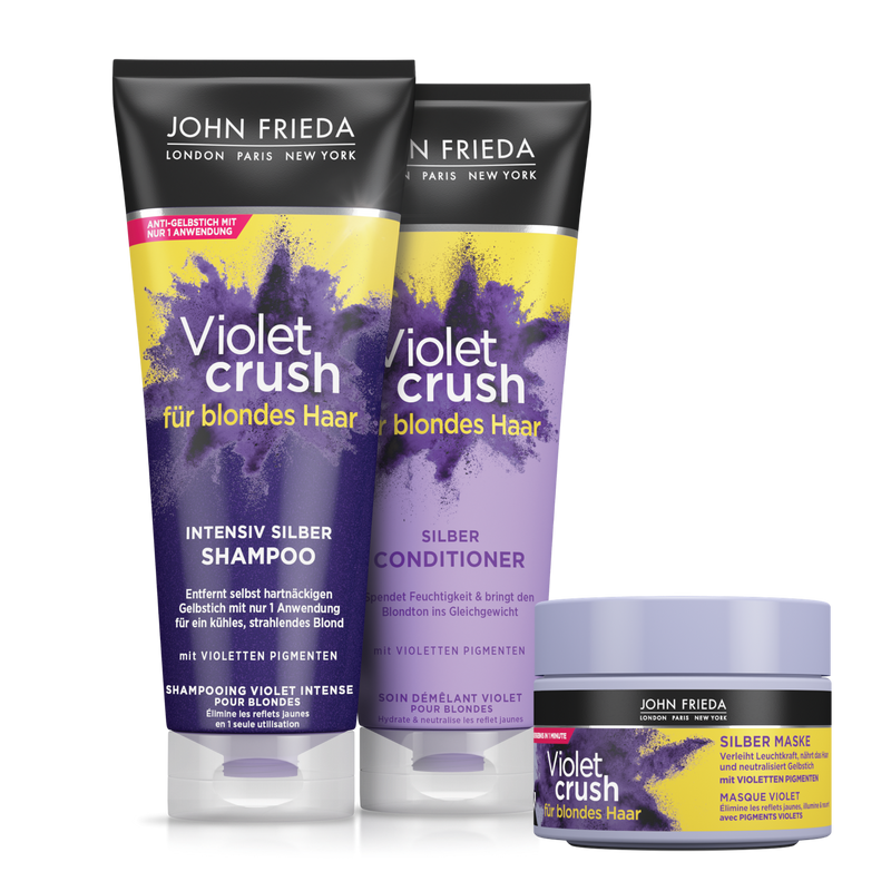 John Frieda Violet Crush Vorteils-Set für blondes Haar – bestehend aus Shampoo, Conditioner und Silver Maske. Produktvorderseiten.
