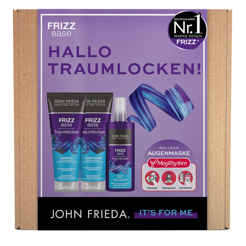 John Frieda Frizz Ease Traumlocken Vorteils-Set für Traumlocken – bestehend aus Shampoo, Conditioner, Spray und MegRhythm Augenmaske. Produktvorderseite mit Produktbildern.