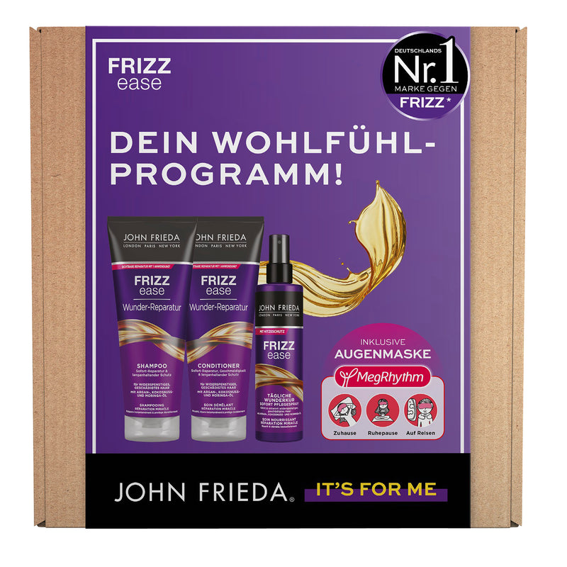 John Frieda Wunder-Reparatur Vorteils-Set – bestehend aus Shampoo, Conditioner und Sofort Pflegespray Produktvorderseiten.