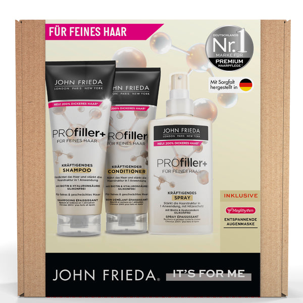 John Frieda PROfiller+ Vorteils-Set für 200 % dickeres Haar in nur einer Anwendung – bestehend aus Shampoo, Conditioner, Spray und MegRhythm Augenmaske. Produktvorderseite mit Produktbildern.