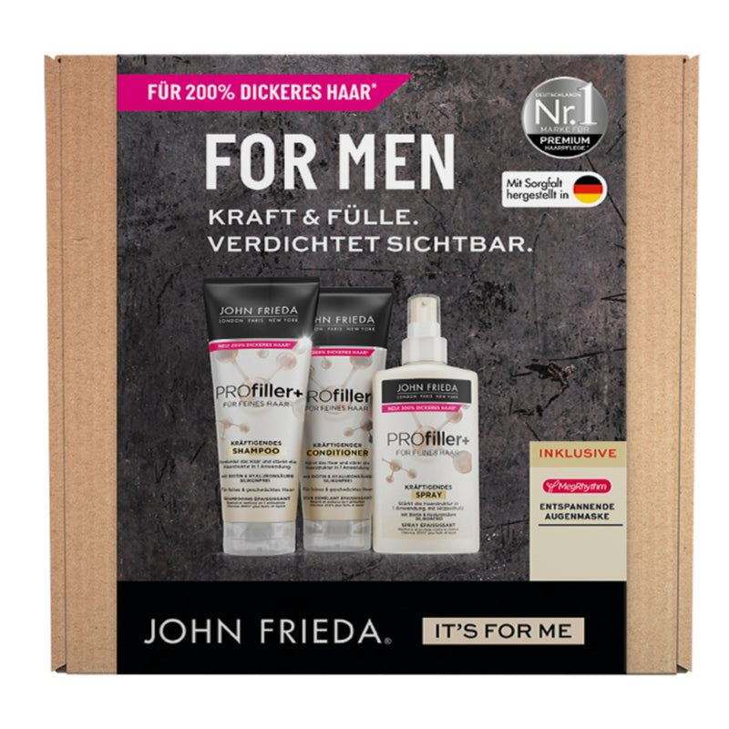 John Frieda PROfiller+ Men Vorteils-Set für 200 % dickeres Haar in nur einer Anwendung – bestehend aus Shampoo, Conditioner, Spray und MegRhythm Augenmaske. Produktvorderseite mit Produktbildern.