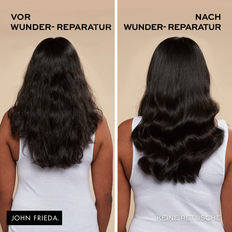 Vergleichsbilder vor und nach der Behandlung mit John Frieda Wunder-Reparatur Produkten