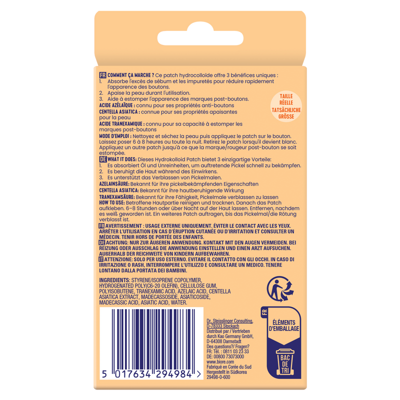 Die Rückseite der Verpackung der 3-in-1 Anti-Pickel Patches mit einer Erklärung der Inhaltsstoffe und wie man das Produkt anwendet.