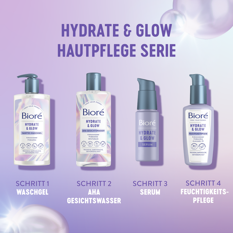 Für einen frischen und strahlenden Teint! Mit der neuen Hydrate & Glow Serie: Sanftes Waschgel, AHA Gesichtswasser, Serum und Feuchtigkeitspflege.
