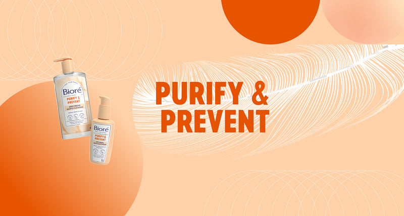 Die Bioré Purify & Prevent Linie für sensible, zu Akne neigende Haut: Produktfotos auf orangem Hintergrund.
