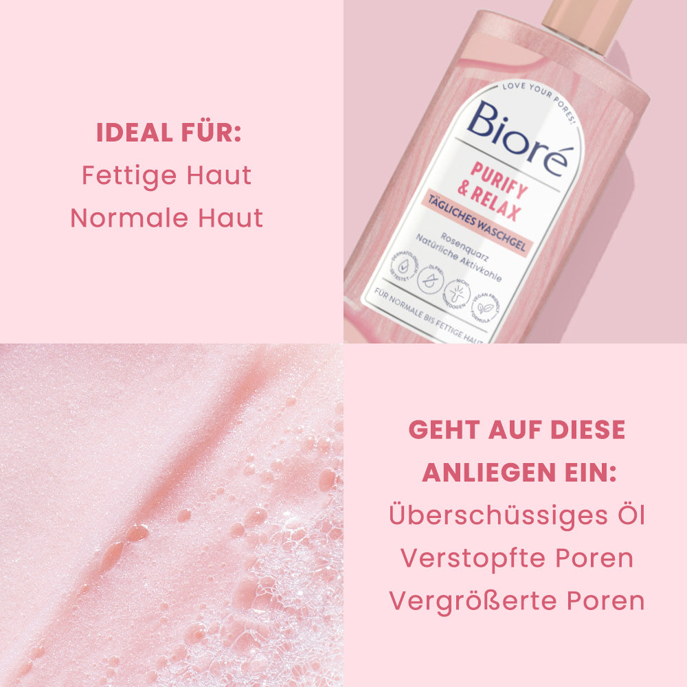 Bioré Rosenquarz + Aktivkohle Waschgel – Für Normale & Fettige Haut, Porentief Reinigend, 200 Ml (2er Pack)