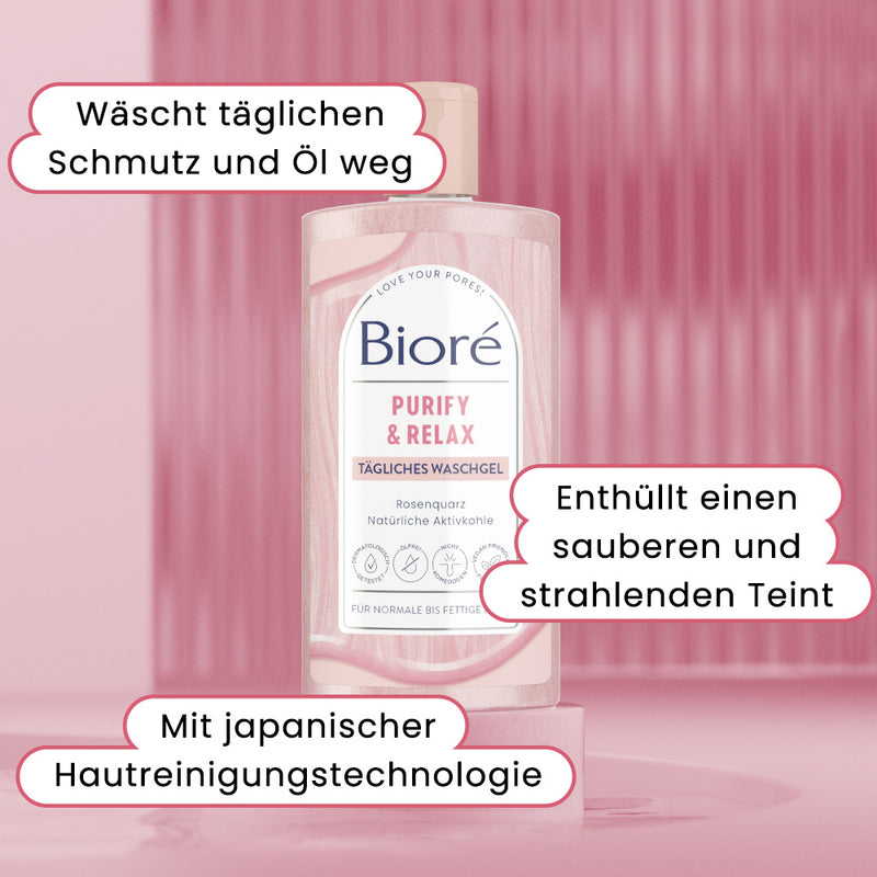 Bioré Rosenquarz & Aktivkohle Waschgel: Hautklärende Technologie. Entzieht Schmutz, Öl und Unreinheiten.