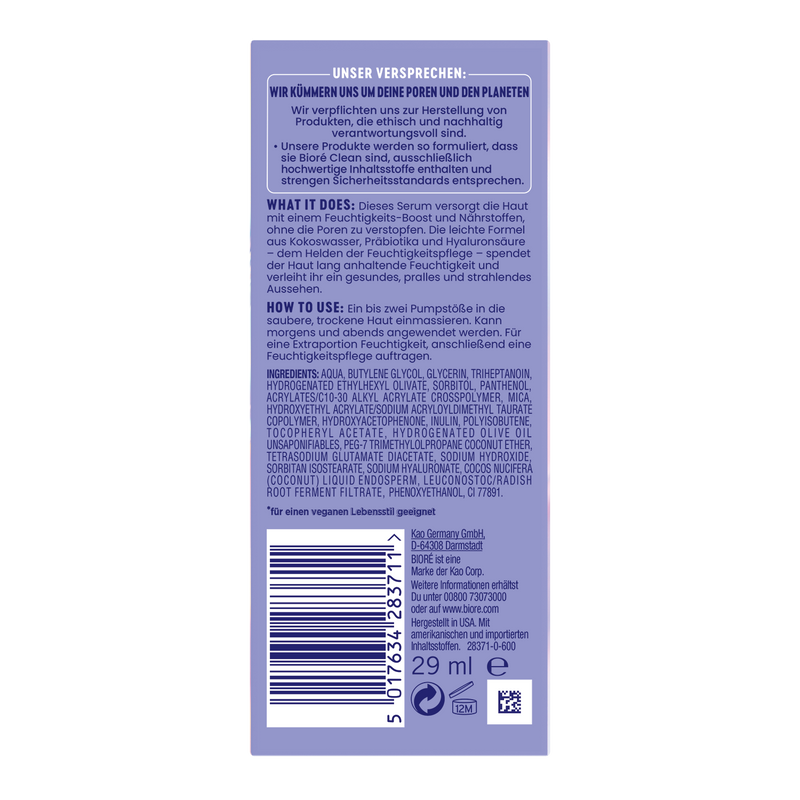 Hydrate & Glow Serum mit Kokos und Präbiotika. Packungsrückseite mit Anwendungsempfehlung und Inhaltsstoffen.