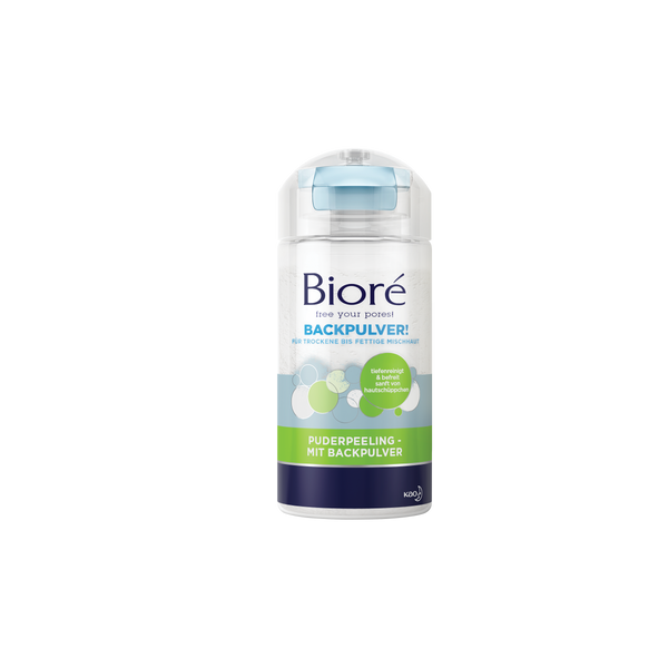 Bioré Puderpeeling mit Backpulver. Ideal für die sanfte Tiefenreinigung von Mischhaut. Für sichtbar ebenmäßigere Haut.