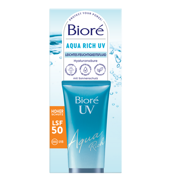 Bioré Aqua Rich UV - Leichtes Feuchtigkeitsfluid mit Lichtschutzfaktor 50 spendet Feuchtigkeit und schützt zuverlässig vor UV-Strahlen. Die nicht-fettende Formulierung hinterlässt keine Rückstände. Ideal als Make-Up-Grundlage.