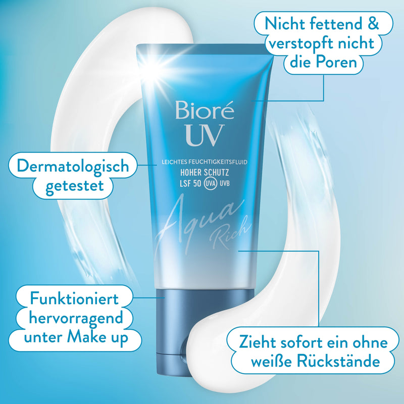 Bioré Aqua Rich UV  mit Lichtschutzfaktor 50 ist ein leichtes Feuchtigkeitsfluid mit Hyaluronsäure. Keine verstopften Poren, keine weißen Rückstände. Dermatologisch getestet. Als Make-Up-Grundierung geeignet.