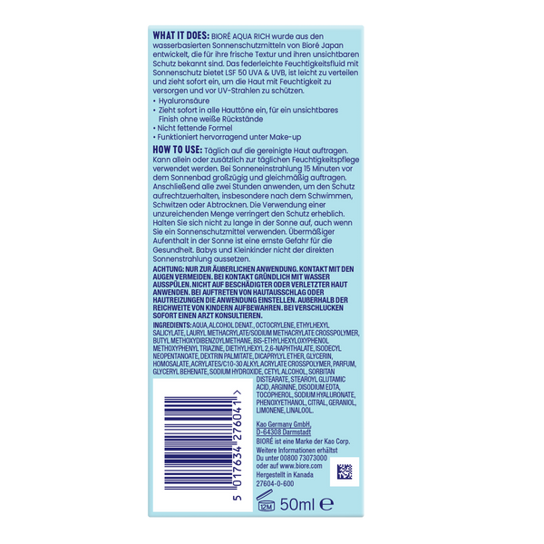 Bioré Aqua Rich UV - Leichtes Feuchtigkeitsfluid mit Lichtschutzfaktor 50. Produktrückseite mit Anwendungshinweisen.
