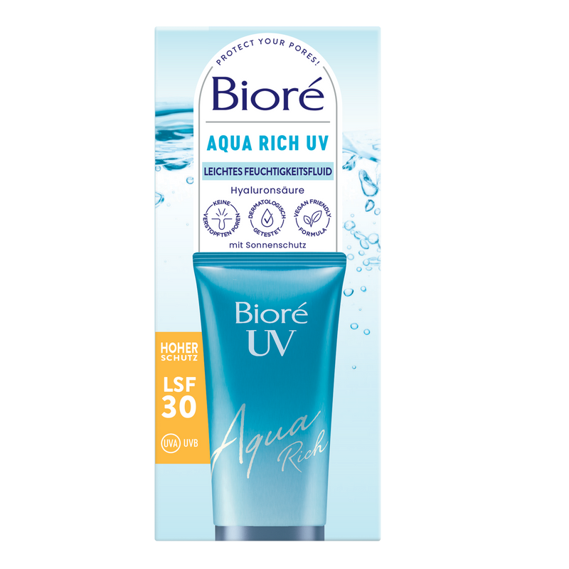 Bioré Aqua Rich UV Gesichts-Feuchtigkeitsfluid mit Lichtschutzfaktor 30 & Hyaluronsäure. Schützt effektiv vor UV-Strahlen und spendet langanhaltende Feuchtigkeit.