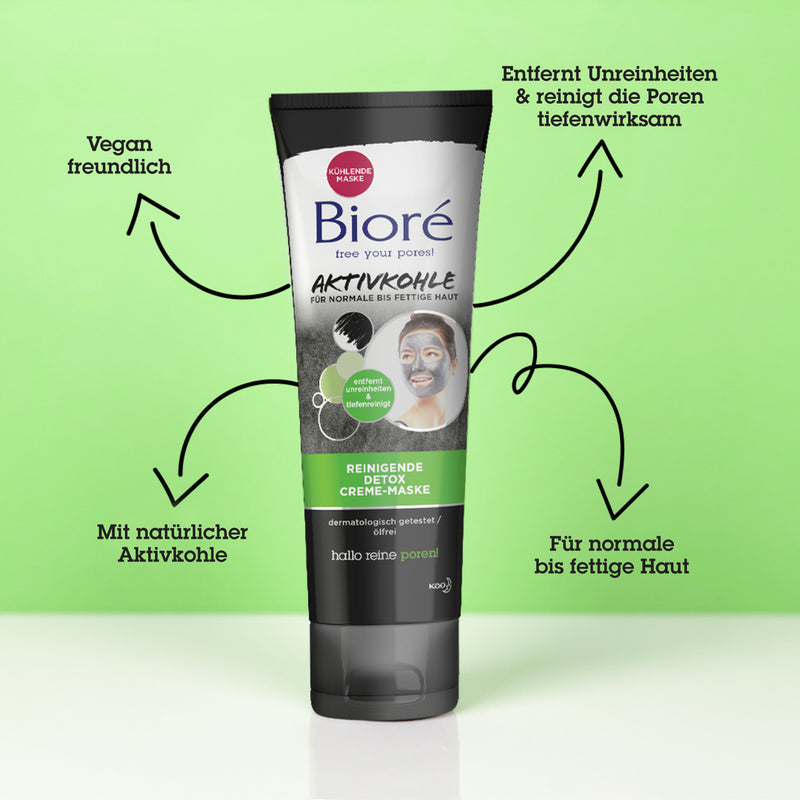 Bioré Detox* Creme Maske: mit Aktivkohle,  vegan freundlich, normale - fettige Haut, entfernt Unreinheiten, reinigt die Poren.