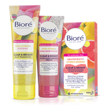 Bioré "Shine Bright" Set mit den Clear & Bright Produkten: Jelly-Waschgel, porenverfeinerndes Peeling &  Clear-Up Strips. 