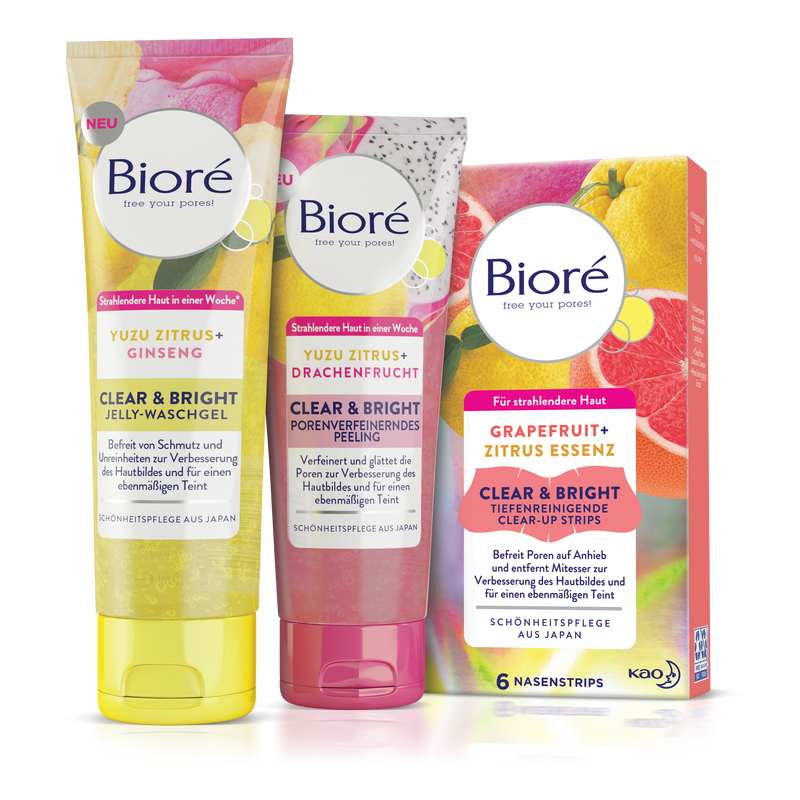 Bioré "Shine Bright" Set mit den Clear & Bright Produkten: Jelly-Waschgel, porenverfeinerndes Peeling &  Clear-Up Strips. 