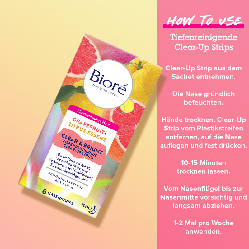 Anwendung Clear & Bright Clear-Up Strips: Nase anfeuchten, Nasenstreifen auflegen, nach 10 Minuten vorsichtig abziehen.