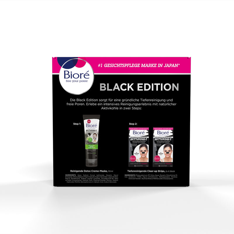 Bioré Black Edition für die gründliche Tiefereinigung. Erst Aktivkohle Maske auftragen, dann Nasenstreifen verwenden.