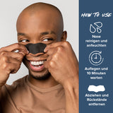 Anwendung Clear-Up Strips: Nase reinigen & anfeuchten. Strips auflegen. 10 Minuten warten. Abziehen & Rückstände entfernen.