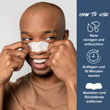 Anwendung Clear-Up Strips: Nase reinigen & anfeuchten. Strips auflegen. 10 Minuten warten. Abziehen & Rückstände entfernen.